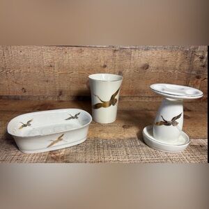 Vintage Takahashi Gold Hand Decorated Cranes Soap Dish Water Cup Toothbrush
